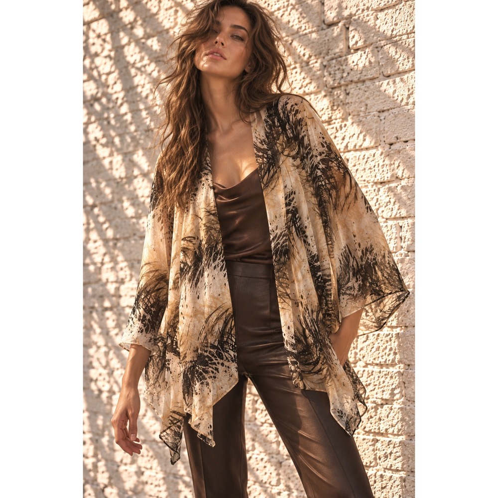 Vintage Pure Sugar Tan Black Silk Sheer Open Waterfall Front Cardigan Tuscan M
